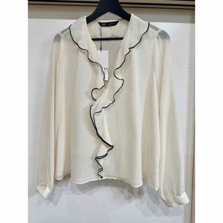 ザラ(ZARA)の1970 新品　ZARA 完売品　コントラスト　シースルー　フリルブラウス　L(シャツ/ブラウス(長袖/七分))