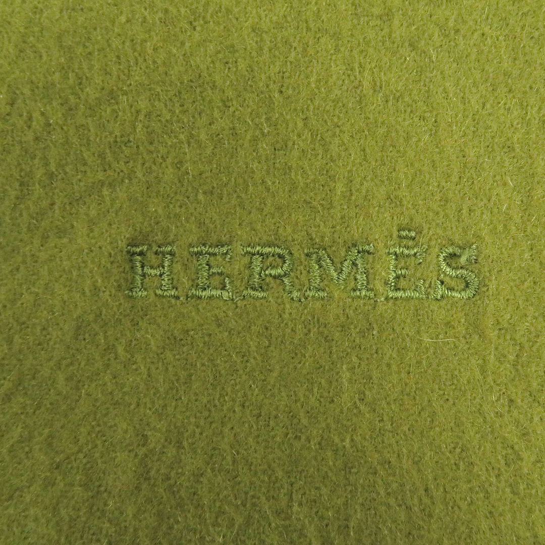 Hermes(エルメス)の美品□HERMES エルメス カシミヤ100％ ロゴエンブロイダリー 刺繍 大判ショール ストール フリンジマフラー グリーン 英国製 メンズ メンズのファッション小物(マフラー)の商品写真