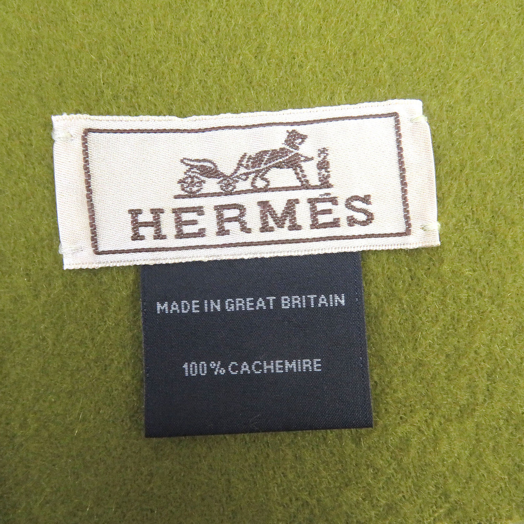 Hermes(エルメス)の美品□HERMES エルメス カシミヤ100％ ロゴエンブロイダリー 刺繍 大判ショール ストール フリンジマフラー グリーン 英国製 メンズ メンズのファッション小物(マフラー)の商品写真