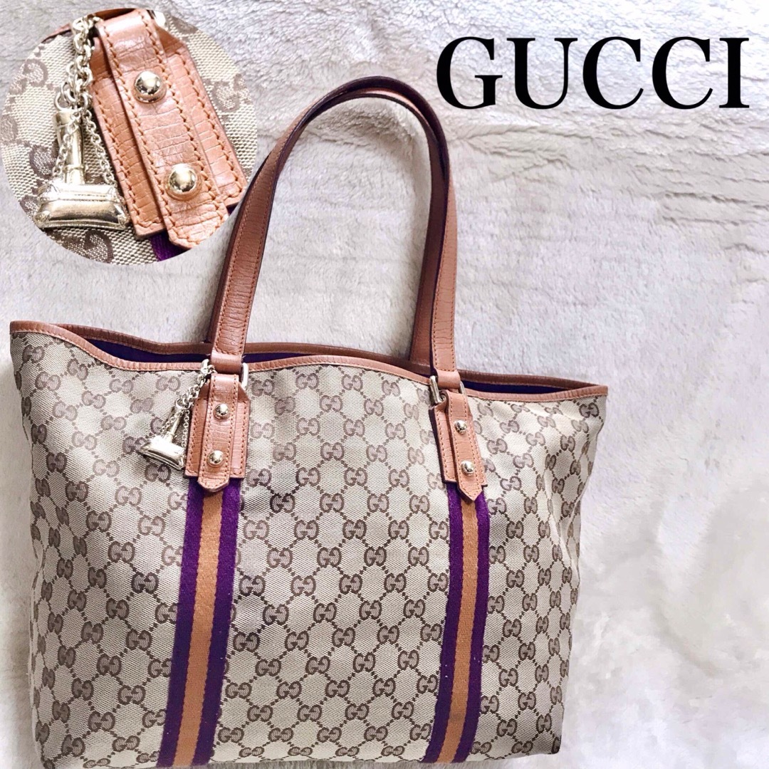 Gucci(グッチ)の美品 希少カラー GUCCI トートバッグ  GG柄 シェリーライン キャンバス レディースのバッグ(トートバッグ)の商品写真