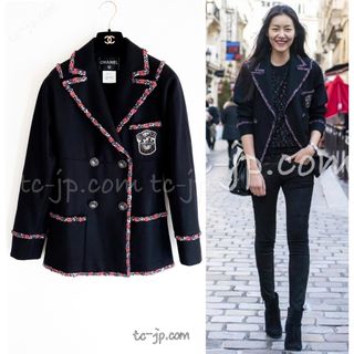 シャネル(CHANEL)の79万 シャネル CHANEL ブラック 黒 エンブレム ウール カシミヤ ブレザー ジャケット ぞうさん CCボタン 新品同様 34 36(テーラードジャケット)