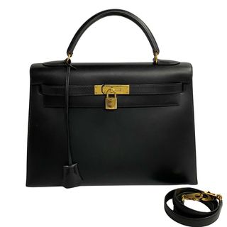 エルメス(Hermes)の極 美品 袋付 ○Y 刻印 HERMES エルメス ヴィンテージ ケリー 32 カーフレザー 2way ハンドバッグ ショルダーバッグ ブラック 73851(ハンドバッグ)