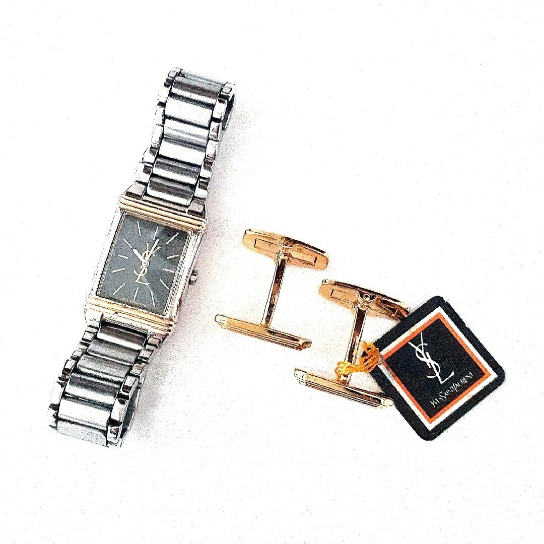 Yves Saint Laurent(イヴサンローラン)のイヴ・サンローラン2点　腕時計+カフスボタン　スクエア　ブラック　ゴールド メンズの時計(腕時計(アナログ))の商品写真