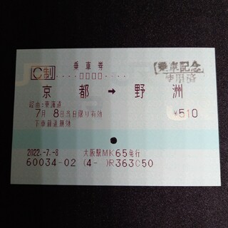 ジェイアール(JR)の京都→野洲　乗車券使用済み券(鉄道)