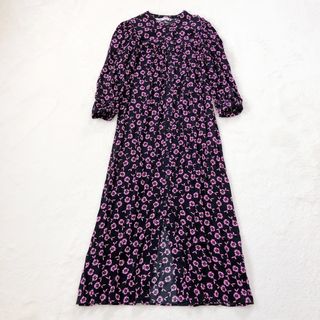 ザラ(ZARA)の美品♡ZARA ザラ　花柄　ワンピース　ロング丈　前開き　ブラック×ピンク　XS(ロングワンピース/マキシワンピース)