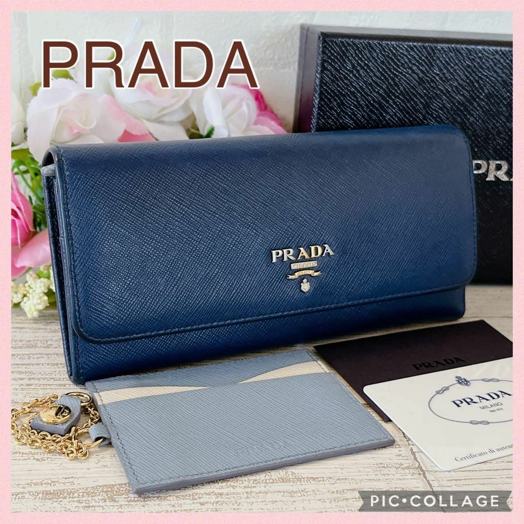 PRADA(プラダ)の美品 ✨PRADA プラダ 長財布 マルチカラー 金ロゴ パスケース ブルー レディースのファッション小物(財布)の商品写真