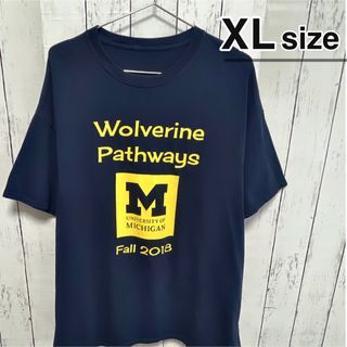 USA古着　Tシャツ　XL　ネイビー　イエロー　プリント　ロゴ　クルーネック(Tシャツ/カットソー(半袖/袖なし))