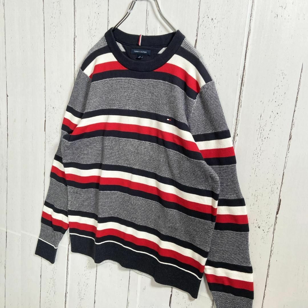 トミーヒルフィガー TOMMY スウェット ストレッチ素材 ボーダー柄 古着 L メンズのトップス(スウェット)の商品写真