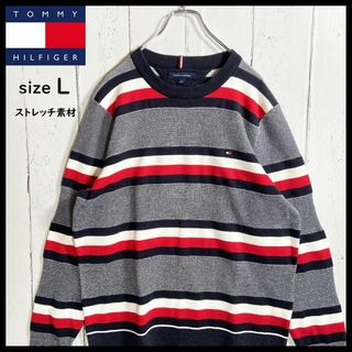 トミーヒルフィガー TOMMY スウェット ストレッチ素材 ボーダー柄 古着 L(スウェット)