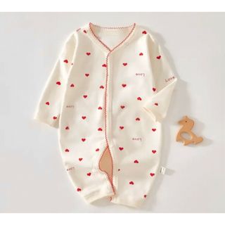 プチバトー(PETIT BATEAU)の値下げ★韓国子供服★ハート柄長袖ロンパース♪オフ白に赤ピコレース(ロンパース)