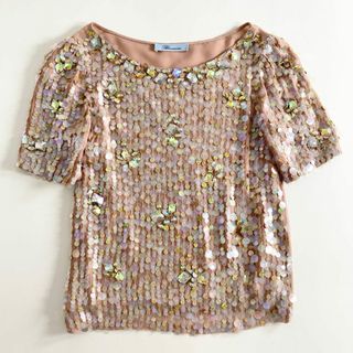 ブルマリン(Blumarine)の49d5 Blumarine ブルマリン スパンコール ビジュートップ ブラウス ピンク BLOUSE 半袖 BLUFIN(シャツ/ブラウス(半袖/袖なし))