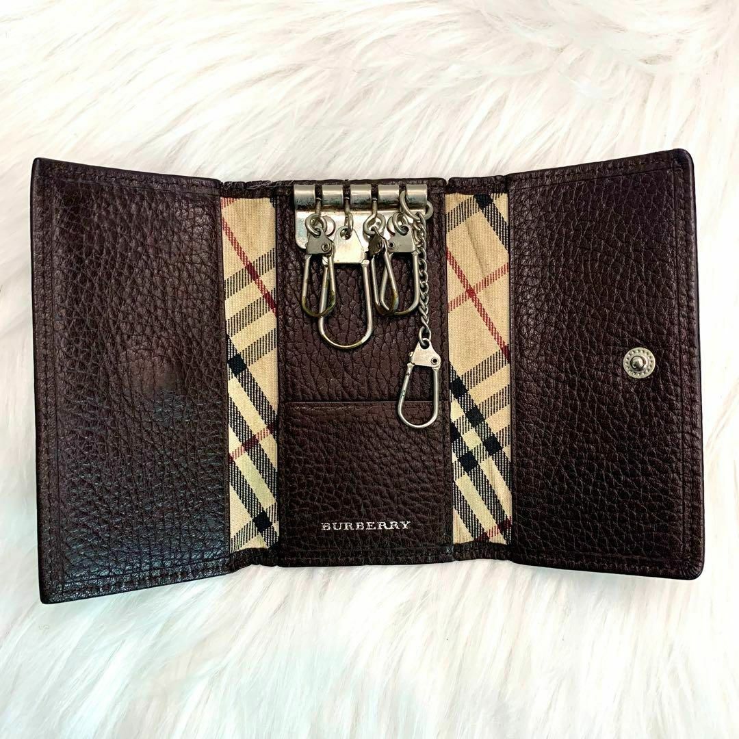 BURBERRY バーバリー ノバチェック三つ折りレザーキーケース シボ革5連 BURBERRY バーバリー ノバチェック三つ折りレザーキーケース シボ革5連