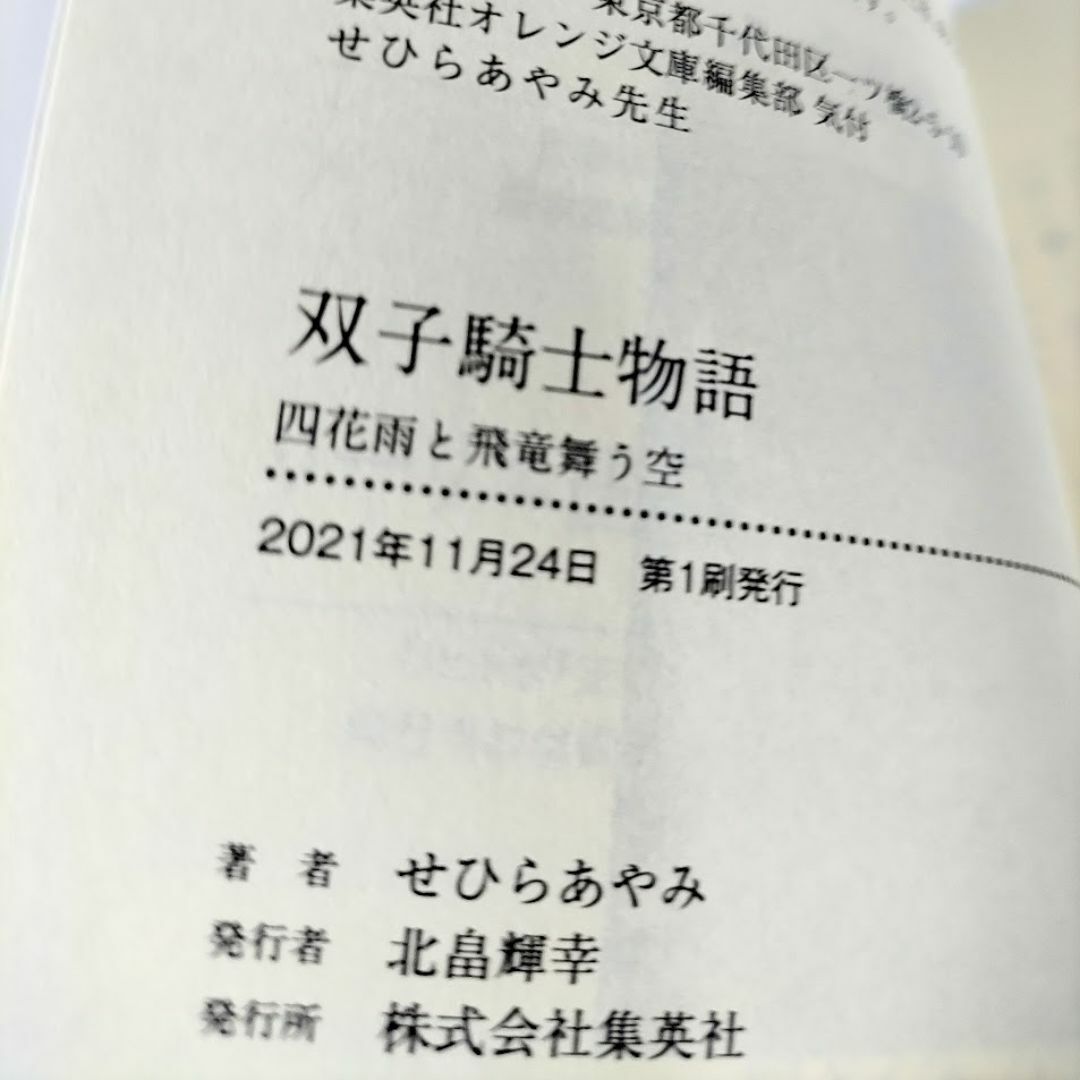 集英社(シュウエイシャ)の双子騎士物語 せひらあやみ 少女 騎士 集英社 オレンジ文庫 ファンタジー 小説 エンタメ/ホビーの本(文学/小説)の商品写真