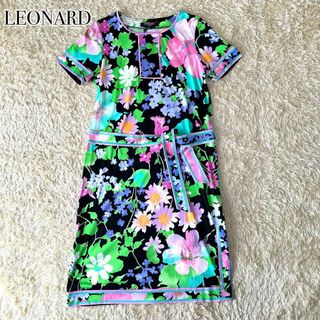 レオナール(LEONARD)の大きいサイズ LEONARD 花柄 ボタニカル ベルト付き 半袖 ワンピース(ひざ丈ワンピース)