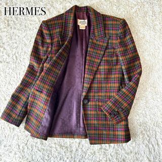 エルメス(Hermes)のHERMES ビンテージ 千鳥格子 裏地総柄 ツイード テーラードジャケット(テーラードジャケット)