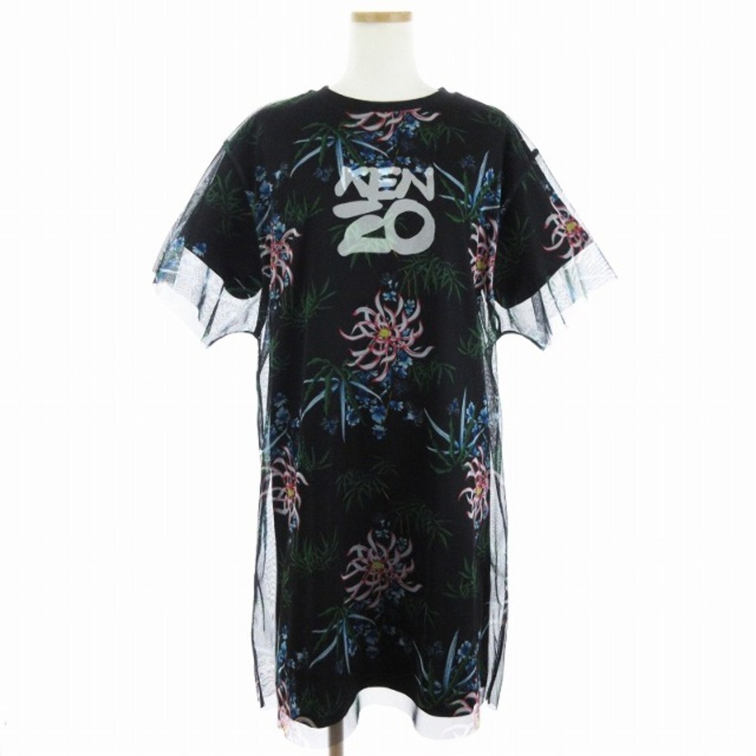 KENZO(ケンゾー)のケンゾー チュール レイヤード Tシャツ ワンピース ひざ丈 ロゴ 花柄 黒 S レディースのワンピース(ひざ丈ワンピース)の商品写真