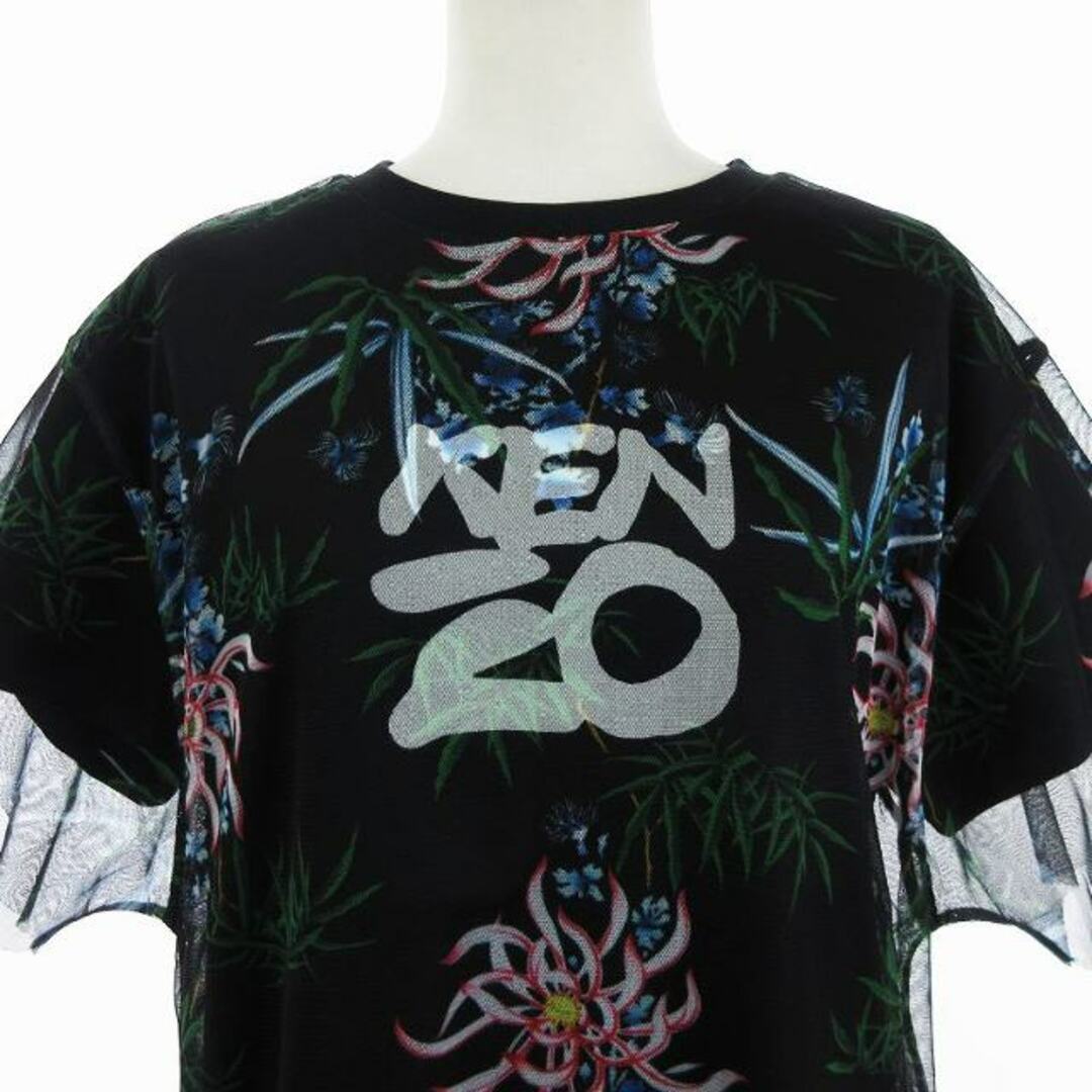 KENZO(ケンゾー)のケンゾー チュール レイヤード Tシャツ ワンピース ひざ丈 ロゴ 花柄 黒 S レディースのワンピース(ひざ丈ワンピース)の商品写真