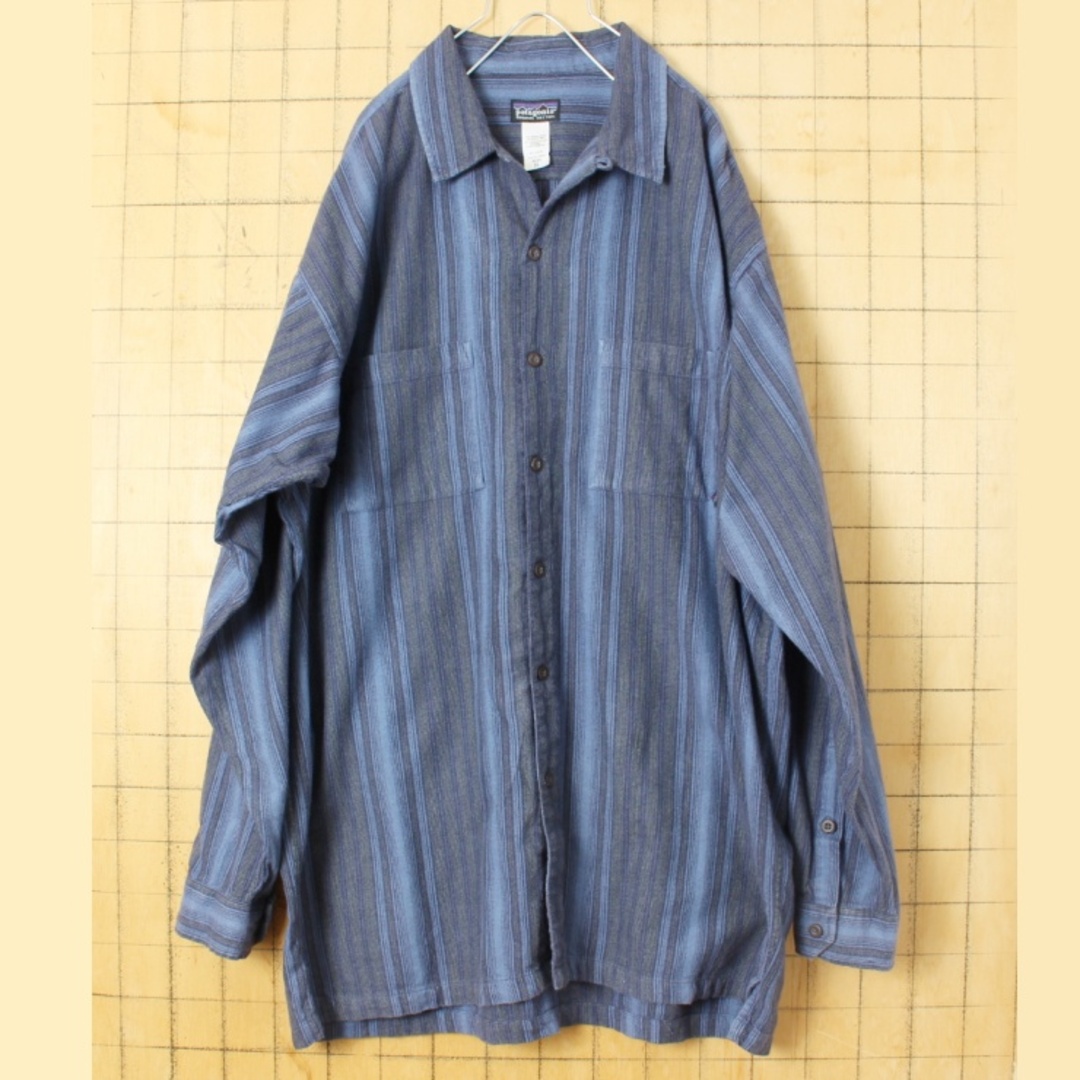 patagonia(パタゴニア)のpatagonia 長袖ストライプオープンカラーシャツ ネイビー XL ss62 メンズのトップス(シャツ)の商品写真