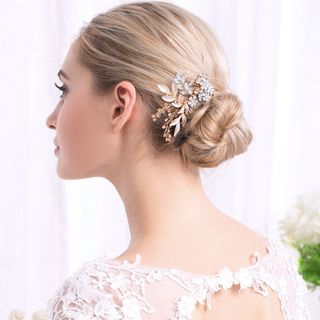 新品☆ ヘアアクセサリー 髪飾り ヘアコーム フラワー リーフ ゴールド(その他)