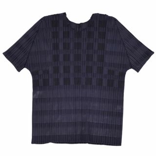 プリーツプリーズイッセイミヤケ(PLEATS PLEASE ISSEY MIYAKE)の美品 プリーツプリーズ イッセイミヤケ PLEATS PLEASE シャツ ショートスリーブ 総柄 プリーツ トップス レディース 3(L相当) ネイビー(Tシャツ(半袖/袖なし))