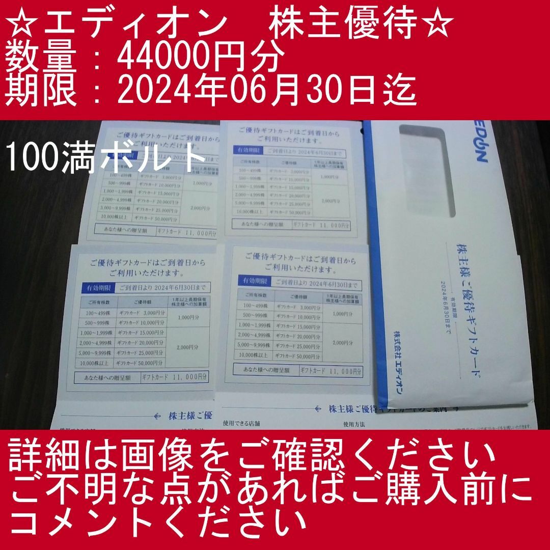 □_【44000円分・100満ボルト】エディオン　株主優待券 チケットの施設利用券(その他)の商品写真