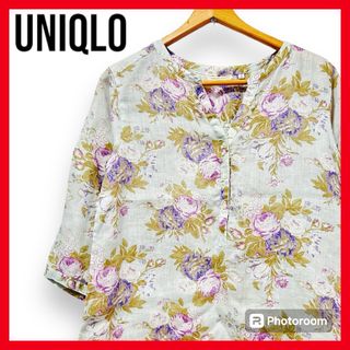 ユニクロ(UNIQLO)の【美品】春物セール　UNIQLO  ブラウス　七分　花　白　可愛い　S  夏　秋(シャツ/ブラウス(長袖/七分))