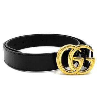 グッチ(Gucci)のGUCCI グッチ ベルト インターロッキングG GGレザーベルト ファッションアイテム ダブルGバックル 75/30 小物 414516 レザー    ブラック 黒 ゴールド金具 メンズ【中古品】(ベルト)