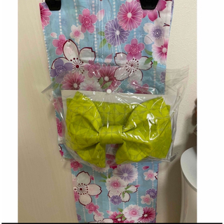 浴衣　150 女の子　キッズ　ジュニア　作り帯　水色　きみどり色　夏祭り　花火(甚平/浴衣)
