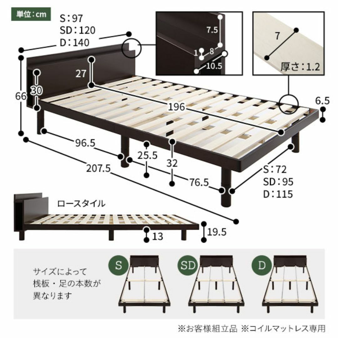 送料無料 シングルベッド マットレス付き ハイタイプ保証・棚コンセントナチュラル インテリア/住まい/日用品のベッド/マットレス(シングルベッド)の商品写真