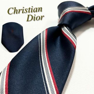 クリスチャンディオール(Christian Dior)の【美品】クリスチャン ディオール ネクタイ ストライプ柄 剣先ブランドロゴ(ネクタイ)