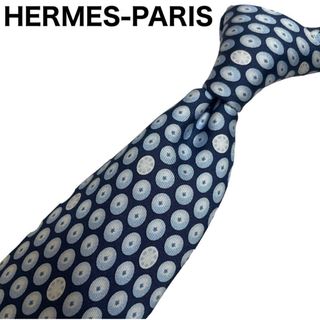 エルメス(Hermes)のHERMES ネクタイ　総柄　ドット　水玉　　ネイビー　シルク100 フランス製(ネクタイ)