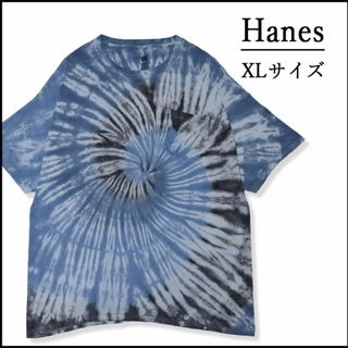 ヘインズ(Hanes)のメンズタイダイ染め半袖TシャツXL 古着屋　ブランド　渦巻き　青黒　春夏秋　柄物(Tシャツ/カットソー(半袖/袖なし))