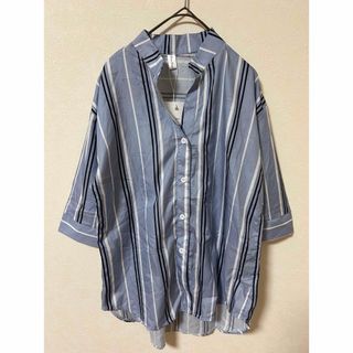 新品　RanRan ブルーストライプ柄シャツ　Lサイズ(シャツ/ブラウス(半袖/袖なし))