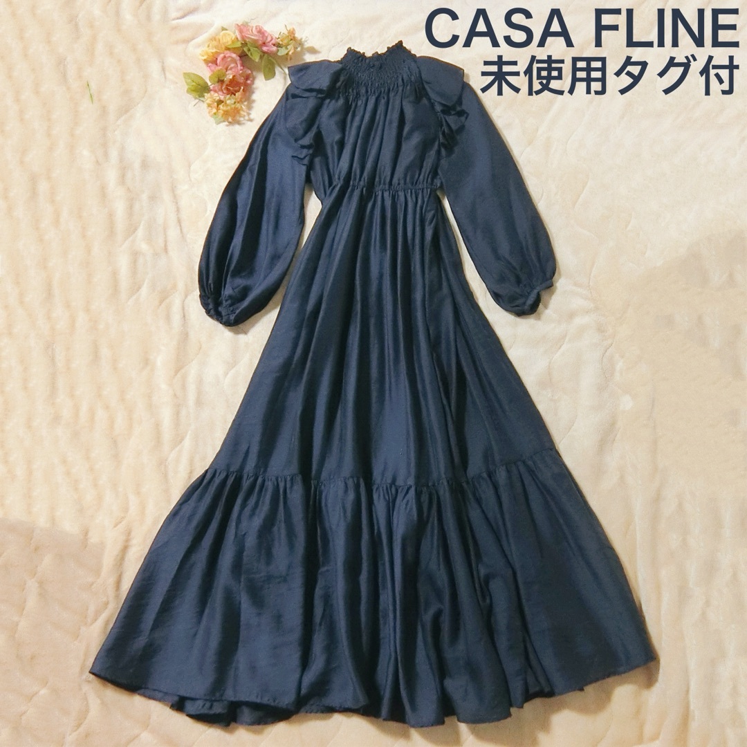 CASA FLINE(カーサフライン)の未使用　CASA FLINE　ネイビー　シャーリングハイネックドレス レディースのワンピース(ロングワンピース/マキシワンピース)の商品写真