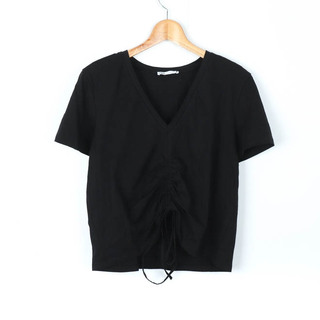 ザラ(ZARA)のザラ 半袖Tシャツ トップス カットソー ギャザー Vネック レディース Lサイズ ブラック ZARA(Tシャツ(半袖/袖なし))