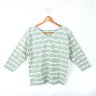 ユニクロ(UNIQLO)のユニクロ 長袖Ｔシャツ 2wayボーダーT Vネック トップス カットソー レディース Lサイズ グリーン ホワイト UNIQLO(Tシャツ(長袖/七分))