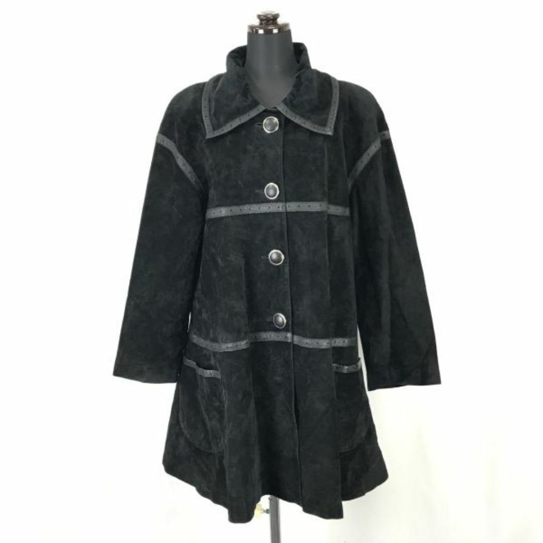 80s90s?日本製★エフタカコ/F.TAKAKO★スエードレザーコート【レディースM/黒/black】肩パット/レトロ/JAPAN/vintage/Coats/Jakets◆mBH318 BUZZBERG レディースのジャケット/アウター(ロングコート)の商品写真