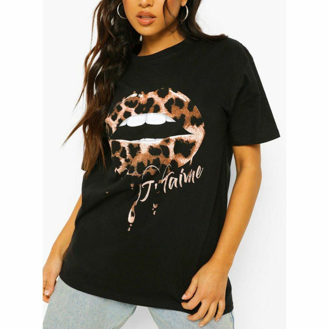 asos(エイソス)の英国インポート♡ブラックレオパードリップ柄Tシャツ Lサイズ レディースのトップス(Tシャツ(半袖/袖なし))の商品写真