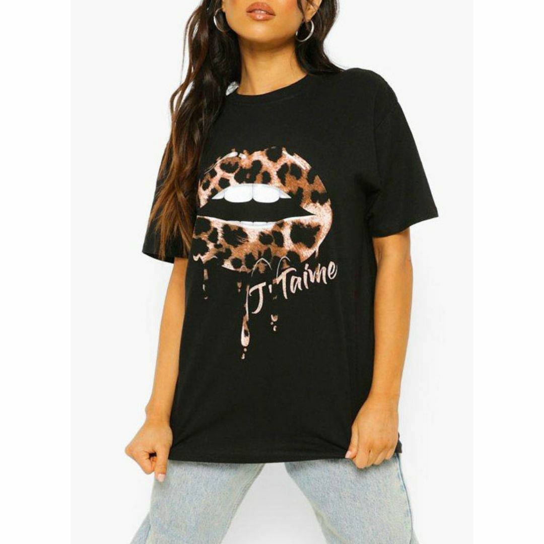 asos(エイソス)の英国インポート♡ブラックレオパードリップ柄Tシャツ Lサイズ レディースのトップス(Tシャツ(半袖/袖なし))の商品写真