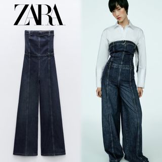 ザラ(ZARA)のZARA ストラップレス デニムジャンプスーツ ネイビー XS(オールインワン)