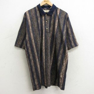 XL★古着 半袖 ポロ シャツ メンズ 00年代 00s 総柄 大きいサイズ ロング丈 コットン 紺他 ネイビー ストライプ 【spe】 24apr05 中古 トップス(ポロシャツ)