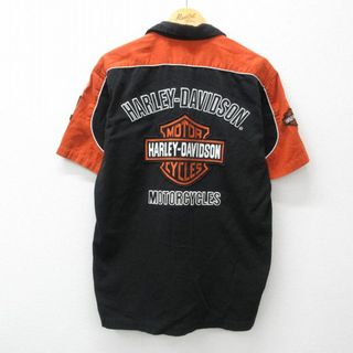 ハーレーダビッドソン(Harley Davidson)のM★古着 ハーレーダビッドソン Harley Davidson 半袖 シャツ メンズ ビッグロゴ 刺繍 開襟 オープンカラー 黒他 ブラック 【spe】 24apr05 中古 トップス(シャツ)