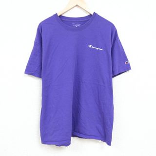 チャンピオン(Champion)のXL★古着 チャンピオン Champion 半袖 ブランド Tシャツ メンズ ワンポイントロゴ 大きいサイズ コットン クルーネック 紫 パープル 24apr05 中古(Tシャツ/カットソー(半袖/袖なし))