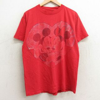 ディズニー(Disney)のXL★古着 半袖 ビンテージ Tシャツ メンズ 90年代 90s ディズニー DISNEY ミッキー MICKEY MOUSE ミニー コットン クルーネック USA製 赤 レッド 24apr05 中古(Tシャツ/カットソー(半袖/袖なし))