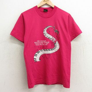 スクリーンスターズ(SCREEN STARS)のM★古着 スクリーンスターズ 半袖 ビンテージ Tシャツ メンズ 90年代 90s ピアノ 筆 クルーネック USA製 濃ピンク 24apr05 中古(Tシャツ/カットソー(半袖/袖なし))