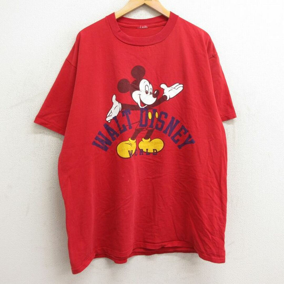 Disney(ディズニー)のXL★古着 半袖 ビンテージ Tシャツ メンズ 00年代 00s ディズニー DISNEY ミッキー MICKEY MOUSE 大きいサイズ クルーネック 赤 レッド 24apr05 中古 メンズのトップス(Tシャツ/カットソー(半袖/袖なし))の商品写真