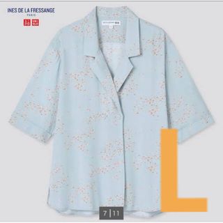 ユニクロ(UNIQLO)のユニクロ　イネス　レーヨンプリント　オープンカラーブラウス　フラミンゴ　L (シャツ/ブラウス(半袖/袖なし))