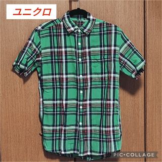 ユニクロ(UNIQLO)のユニクロ UNIQLO 緑 グリーン 半袖シャツ 麻綿混紡 チェック柄(シャツ)