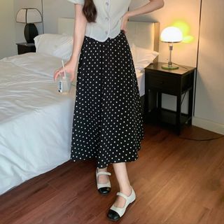 ドット柄 ロング スカート 春夏服 ボトムス　ブラック　フリーサイズ(ロングスカート)