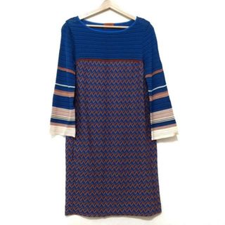 ミッソーニ(MISSONI)のMISSONI(ミッソーニ) ワンピース サイズ42 M レディース美品  - ブルー×ブラウン×マルチ クルーネック/長袖/ひざ丈/ニット/ボーダー/シースルー(その他)